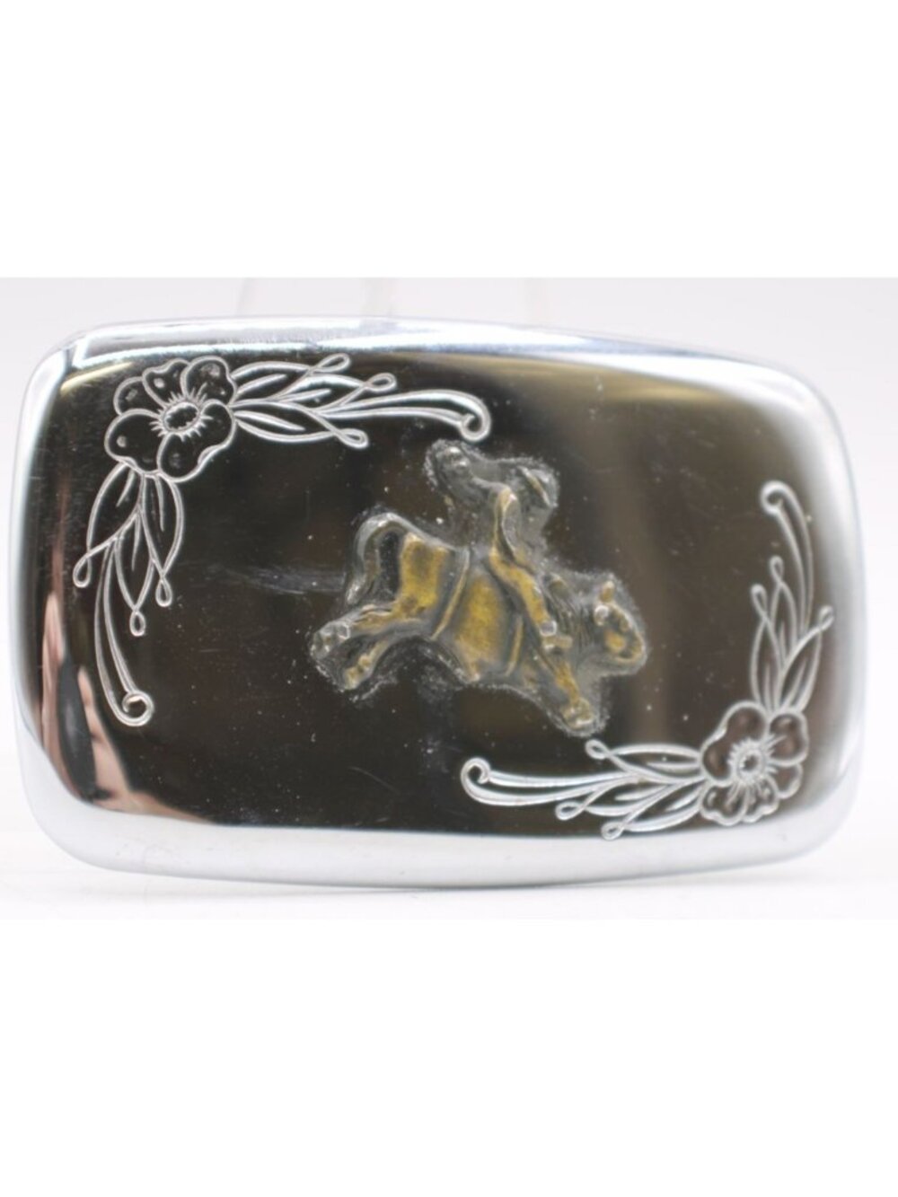 Vintage Silver & Gold Emblem Bull Rider Belt Buckle Floral Engraving Made USA